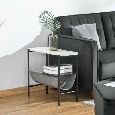 HOMCOM Mesa Auxiliar Moderna con Bolsillo de Lona y Estante Extraíble Mesa de Centro para Salón con Encimera Imitación Mármol 60x28x53 cm Blanco Gris y Negro