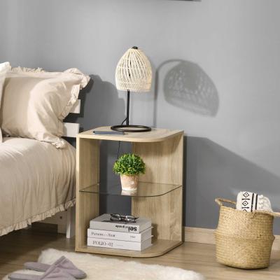 HOMCOM Mesita Auxiliar de Salón Moderna Mesilla de Noche con 3 Estantes Tablero de Cristal Mesita de Café para Sala de Estar Dormitorio 40x40x56 cm Madera Natural