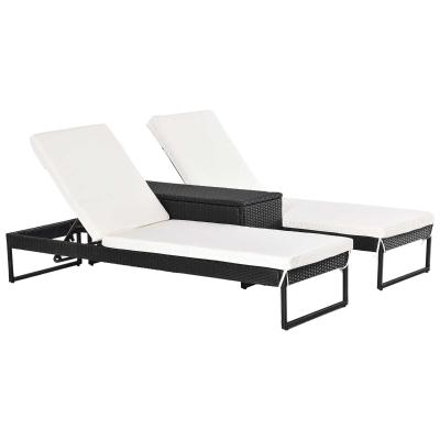 Outsunny Polyrattan dreiteiliges Set Sonnenliege mit verstellbarer Rücklehne Garten Liege Teetisch Flammhemmende Polsterung Metall PE-Rattan Polyester Schwarz+Cremeweiß 195 x 60 x 86 cm