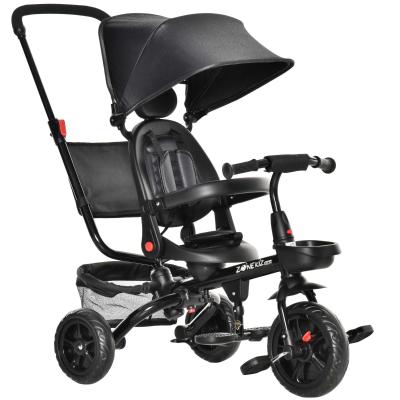 HOMCOM 4-in-1 Kinderdreirad Kinderwagen mit Sicherheitsgurt und Sonnendach Schwarz