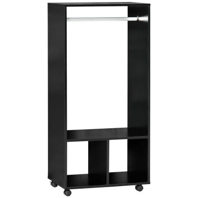 HOMCOM Rolling Open Wardrobe w/ Hanging Rod Storage Shelves Closet Organizer, Black