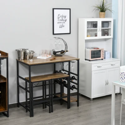 HOMCOM 3 Pieces Dining Table and Chair  Bar Bistro Set with 8-bottle Wine Rack and Cup Holder, Metal Frame for Kitchen, Dining Room, Living Room, Pub