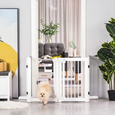 PawHut Freestanding Pet Gate 4 Panel Wooden Dog Barrier Folding Safety Fence with Support Feet Walkthrough Door up to 204cm Wide 75cm Tall for Doorway Stairs White