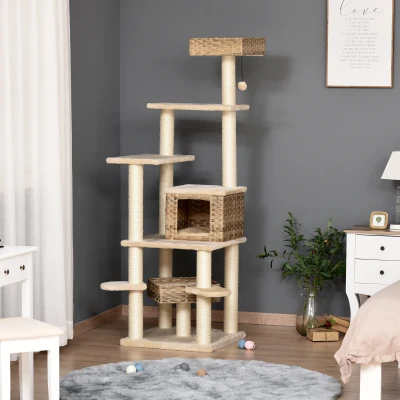 PawHut Cat tree Tower 174cm Climbing Activity Center Kitten with Sisal Scratching Post Condo Perch Hanging Balls Toy Cushion PE Rattan