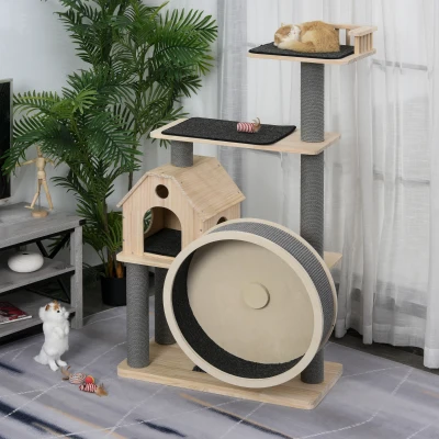 PawHut 148cm Luxury Pine Wood Cat Tree Activity Center with Sisal Scratching Posts Board Perches Roomy Condo Carpet Cushion Rotating Runner, Natural