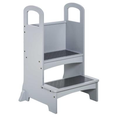 HOMCOM Kids Wooden Step Stool Learning Tower Kitchen Helper w/ Non-Slip Panels Handles Child Toddler Home Help 3 - 8 Yrs Grey