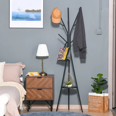 HOMCOM 180cm Free Standing Metal Coat Rack Stand 9 Hooks Clothes Tree with 1 Shelf Hat Display Hall Tree Hanger Bag Umbrella Hanging Organiser for Hallway Bedroom Waiting Room Living Room (Black)