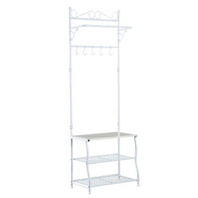 HOMCOM Entryway Multipurpose Metal Cloth Stand 3 Tier Shoe Rack w/ 5 Hooks - White