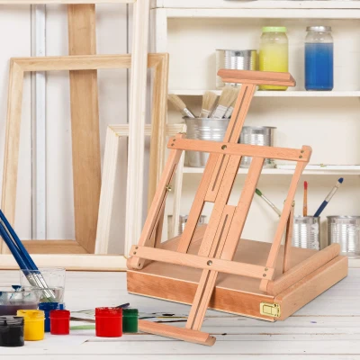 HOMCOM Foldable Studio Easel Angle & Height Adjustable Beechwood Painting and Display Easel, Portable Sturdy Table Desktop Holder Stand with Drawer