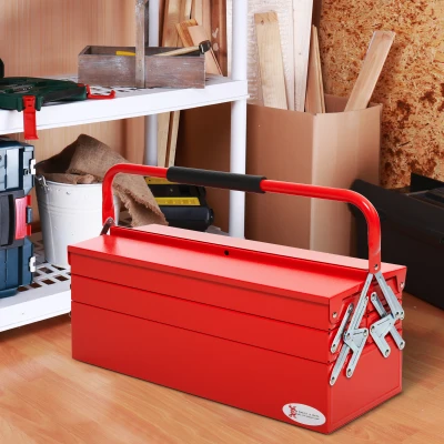 DURHAND Metal Tool Box 3 Tier 5 Tray Professional Portable Storage Cabinet Workshop Cantilever Toolbox with Carry Handle, 56cmx20cmx34cm, Red
