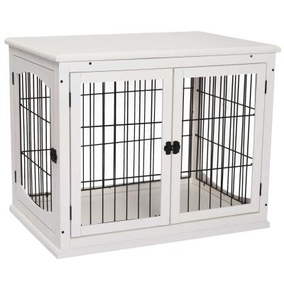 PawHut Pet Crate End Table Wooden Dog Kennel Cage w/ Metal Wire 3 Doors Latches Small Animal House Modern Design Indoor White 81 x 58.5 x 66 cm