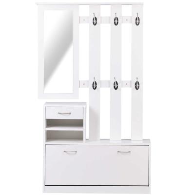 HOMCOM 2PC Shoes Storage Chest Cloths Rack Unit w/Mirror Multiple Shelves Large Storage Capacity Shoes Cabinet 6 Hooks Cloth Rack White