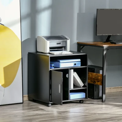 HOMCOM Multi-Storage Printer Stand Unit Office Desk Side Mobile Storage w/ Wheels Modern Style 60L x 50W x 65.5H cm - Black