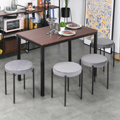 HOMCOM Backless Stackable Dining Stools Velvet-Touch Fabric Upholstered Round Chair with Steel Legs, Set of 4, Grey