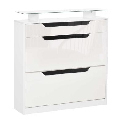 HOMCOM Shoe Cabinet with 3 Drawers Storage Cupboard Tipping Bucket with Flip Door Glass Top Adjustable Shelf Large-Capacity for 14 Pairs Gloss White