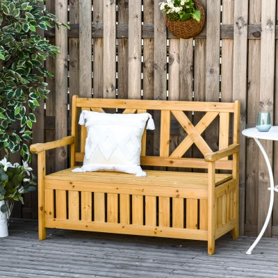 Outsunny Wood Garden Bench 2 Seater Storage Chest Patio Seating with High Back and Armrest