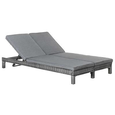 Outsunny 2 Person Rattan Wicker Adjustable Chaise Lounge Chair with Cushions Grey