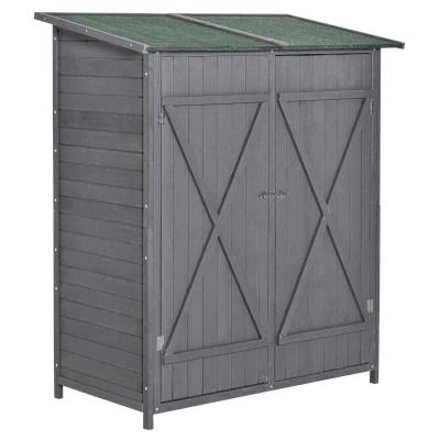 Outsunny Garden Wood Storage Shed w/ Storage Table, Asphalt Roof, Double Door Lockable Sheds & Outdoor Storage Tool Organizer, 139 x 69 x 160cm, Grey
