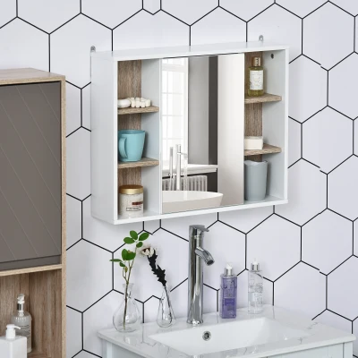HOMCOM Bathroom Mirror Cabinet, Wall Mounted Storage Cabinet with Open Cupboard and Adjustable Shelf, White