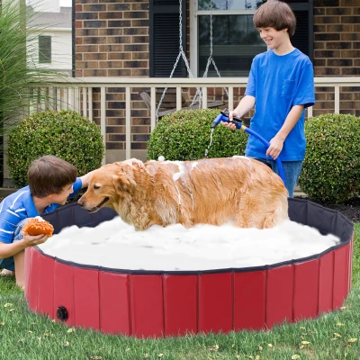 PawHut Foldable Dog Paddling Pool Pet Cat Swimming Pool Indoor/Outdoor Collapsible Summer Bathing Tub Shower Tub Puppy Washer (Φ160 × 30H cm, Red)