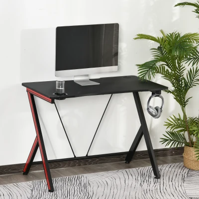 HOMCOM Gaming Computer Desk Workstation Centor Racing Writing Table with Headphone Hook Cup Holder Curved Front Adjustable Feet for Home Office Use