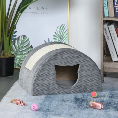 PawHut Cat House Kitten Condo Pet Bed Cave with Sisal Scratching Pad Plush Indoor Use for Rest and Play Grey