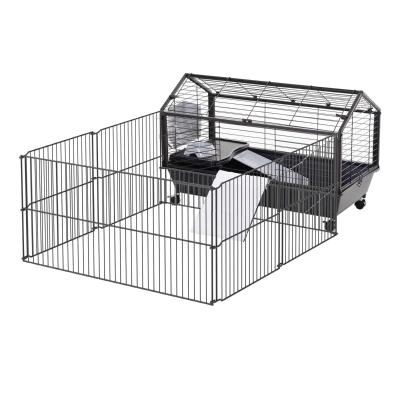 PawHut Metal Rabbit Guinea Pig Hutch Small Animal Cage Run Space Main House Wheels Brakes