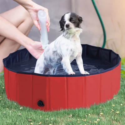 PawHut Foldable Dog Paddling Pool Pet Cat Swimming Pool Indoor/ Outdoor Collapsible Summer Bathing Tub Shower Tub Puppy Washer, Φ 100 x 30H cm, Red
