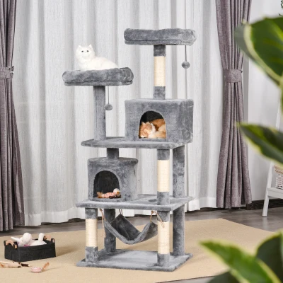 PawHut 145cm Cat Tree Multi-tier Activity Center Scratcher Pet Condo House Tower Hammock & Toys, Grey