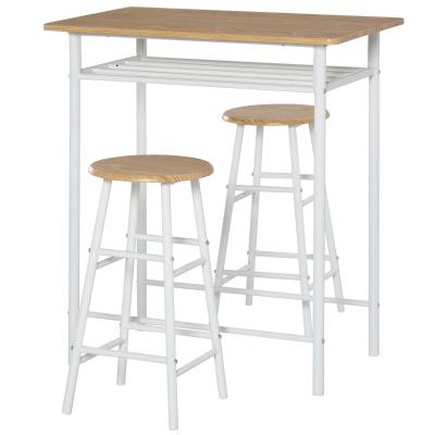 HOMCOM Bar Table Set, Bar Set-1 Bar Table and 2 Stools with Metal Frame Footrest and Storage Shelf, for Kitchen, Dining Room, Pub, Cafe, White and Oak