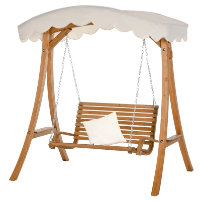 Outsunny 2 Seat Wooden Swing Chair Wood Swing Bench Chair With Canopy and Cup Holder for Patio Garden