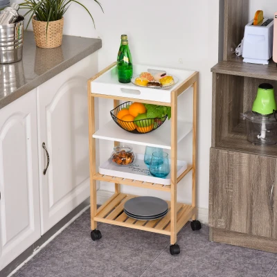 HOMCOM 4-Tier Moving Trolley Cart MDF Wood Blend w/ Tray Shelves 4 Universal Wheels Home Kitchen Office Storage Island Unit White Brown