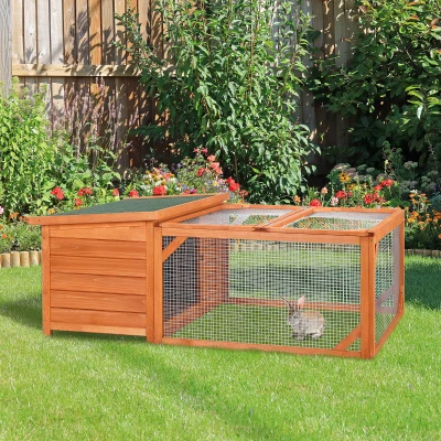PawHut Rabbit Hutch Small Animal Guinea Pig House Off-ground Ferret Bunny Cage Duck House Hideaway Chinchilla Cage Outdoor Indoor Backyard with Openable Main House & Run Roof 125.5 x 100 x 49cm Orange