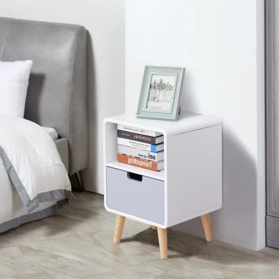 HOMCOM White Modern Nightstand With Drawer Wood Lamp Desk Storage Unit Bedroom Scandinavian Nordic Style