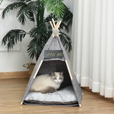 PawHut Pet Teepee Tent Cat Bed Dog House with Thick Cushion Chalkboard for Kitten and Puppy 80cm Grey