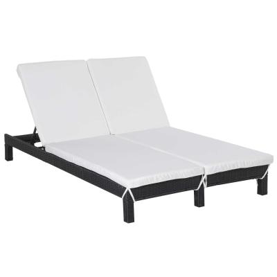 Outsunny 2 Person Rattan Wicker Adjustable Chaise Lounge Chair with Cushions Black/Cream White