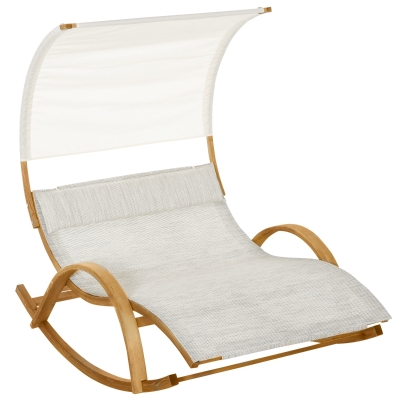 Outsunny Patio Double Chaise Rocking Wood Larch Hammock w/ Canopy Shade and Headrest Sun Lounger Indoor&Outdoor, Beige