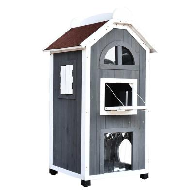 PawHut Solid Wood Cat Condos Natural Water Proof Outdoor 2-Floor Pet Shelter