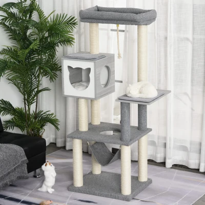 PawHut 5-Levels Plush Cat Tree Tower Activity Center with Sisal Scratching Posts Hammock Perch Condo Soft Cushions, Grey