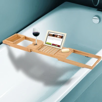 HOMCOM Extendable Bamboo Bathtub Shelf Rack Bath Caddy Tray Bathroom Storage