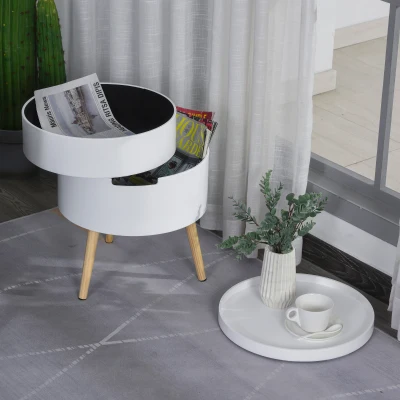 HOMCOM 3-Tier Coffee Table, Round End Table with 2 Hidden Compartments and Detachable Tray, Side Table with Storage for Living Room, White