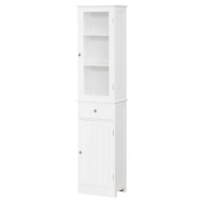 kleankin Bathroom Storage Cabinet with 3-tier Shelf Drawer Glass Door, Floor Cabinet Free Standing Tall Slim Side Organizer Shelves, White