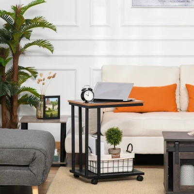 HOMCOM Side Table that Slides under Couch, Mobile Sofa Side End Coffee Table Metal Frame Rolling Castors Storage Wooden Trolly