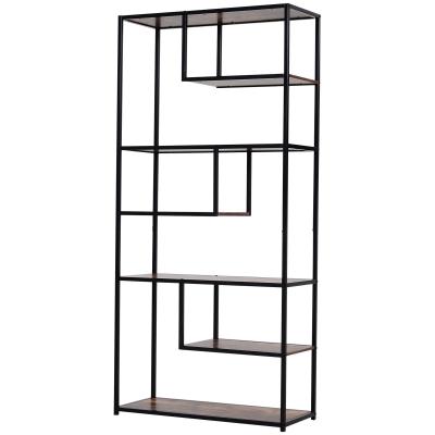 HOMCOM Wood Shelf Bookcase Industrial Style Stand 6-Staggered Shelf Living Room Display Rack Organiser