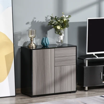 HOMCOM High Gloss Frame Sideboard, Side Cabinet, Push-Open Design with 2 Drawer for Living Room, Bedroom, Light Grey and Black