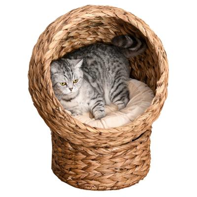 PawHut Woven Water Hyacinth Elevated Cat Bed Wicker Kitten Basket Pet Den. House Cozy Cave with Soft Cushion Dome 52 x 42 x 60cm Brown
