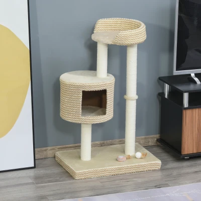 PawHut 96cm Multi-Level Cat Tree Tower Jute Scratching Post Activity Center Climbing Frame Kitten House Furniture Condo Perch