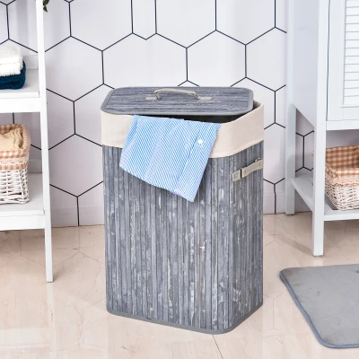 HOMCOM 70L Collapsible Bamboo Laundry Hamper Organizer Clothes Washing Basket Bin Storage Box Removable Lining
