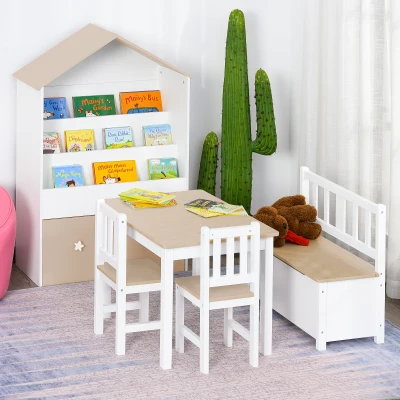 HOMCOM 4-Piece Kids Table and Chair Set with 2 Wooden Chairs, 1 Storage Bench, and Interesting Modern Design, Natural/White
