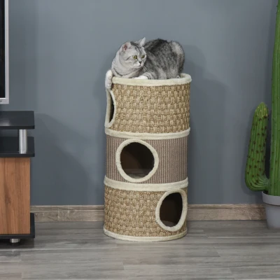 PawHut Cat Scratching Barrel Kitten Tree Tower for Indoor Cats Pet Furniture Climbing Frame Covered with Sisal and Seaweed Rope Cozy Platform Soft Plush